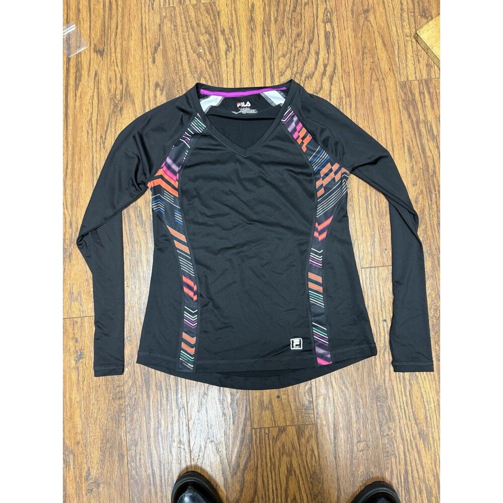 FILA Sport Women’s Long Sleeve Athletic Performance Top Black V-Neck Size S A8
